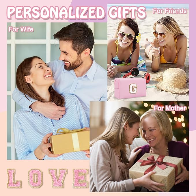 Personalized Initial Preppy Makeup Bag Organizer, Small Travel Cute Pink Cosmetic Bag Toiletry Zipper Pouch, Waterproof PU Leather Monogram Makeup Case Graduation Gift for Teacher Friends(Letter G)