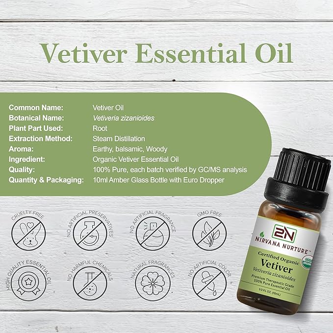 Nirvana Nurture Vetiver Essential Oil, USDA Certified Organic, 100% Pure Undiluted, Aromatherapy Oil for Diffuser, Hair & Skin Care