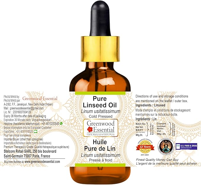 Greenwood Essential Linseed Oil (Linum usitatissimum) with Glass Dropper | Cold Pressed | Natural | Undiluted | For Diluting Essential Oils | For Skin & Massage | Men & Women | 10ml (0.33 oz)