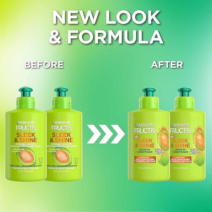 Garnier Fructis Sleek & Shine Leave-In Conditioner Cream, Anti-Frizz Hair Treatment with Plant Keratin + Argan Oil, Controls Frizz and Provides Smoothness For Frizzy, Dry Hair, 10.2 Fl Oz (Pack of 2)