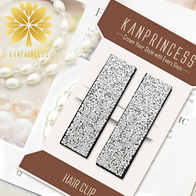 Kanprincess Rhinestone and Crystal Hair Clips 2-Pack, Sparkly Barrettes & Elegant Bling Accessories for Women & Girls(Set14)