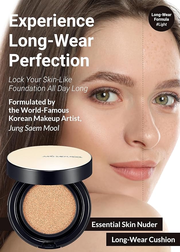 JUNG SAEM MOOL Essential Skin Nuder Longwear Cushion 0.98 Fl Oz, Refill Included, 24H Lasting Korean Cushion Foundation with High Coverage, Semi-Matte Natural Finish (SPF 50, 19 Light)
