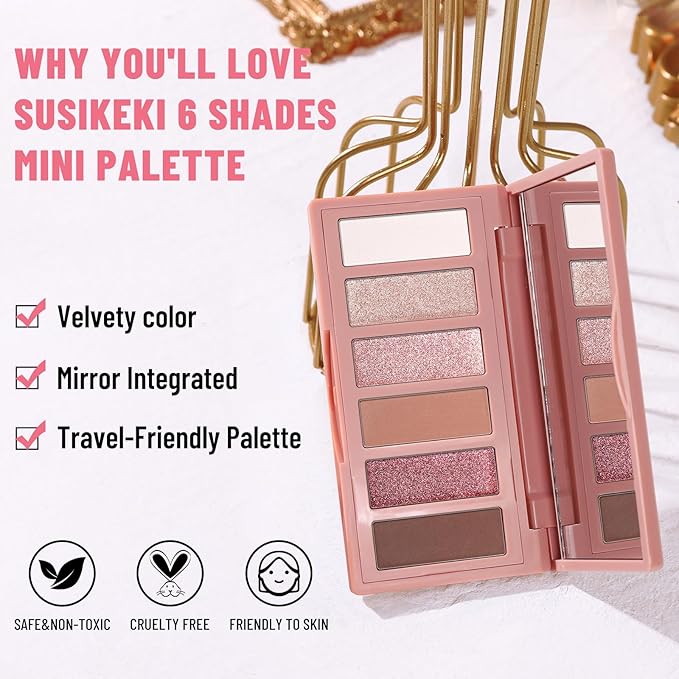 SUSIKEKI 6 Colors Mini Eyeshadow Makeup Palette Blush-colored Neutral Tone Eye Shadow Matte & Shimmer Nude Make Up Pallet with Mirror Blendable Highly Pigmented Travel Size Gift Kit 03
