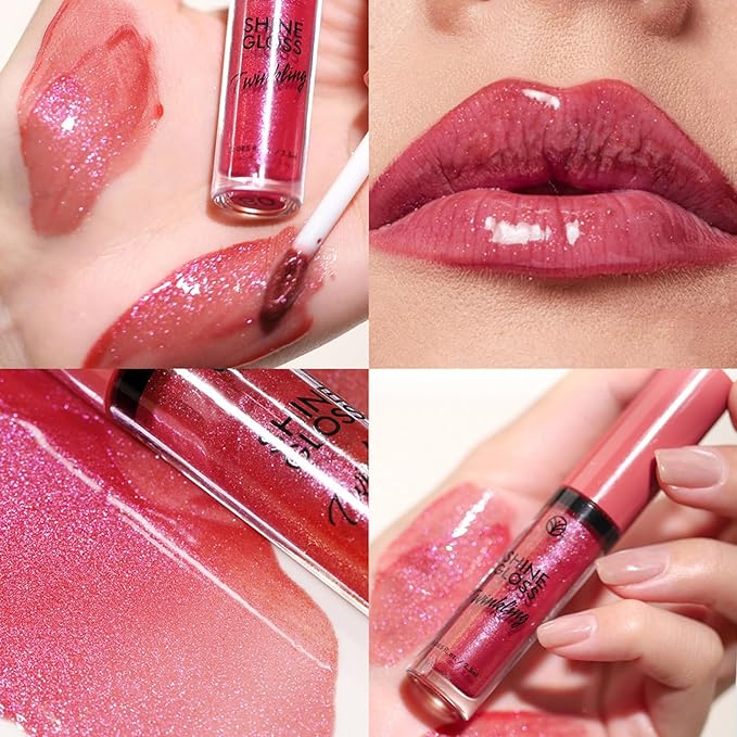 Metfdlaig Red Lip Gloss Women Girls Plumping Lip Gloss Glitter Tinted Lip gloss Oil Plumper Hydrating Long Lasting Moisturizing Non Sticky Makeup lip gloss (08# Rose Red Shimmer)