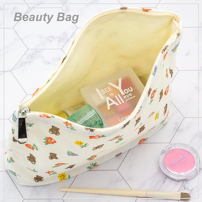 Flat Makeup Bag for Women,Zipper Cosmetic Pouch for Purse,Flower Bear White