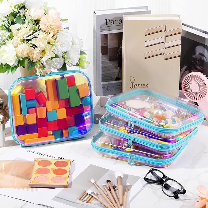 Hoolerry 4 Pcs Hard Clear Zipper Case Makeup Bags Plastic Zipper Pouch Transparent Storage Box Containers for Cosmetics, Snacks, Building Blocks, Puzzles(Clear,9.8 x 7.9 x 2 in,Blue Laser)
