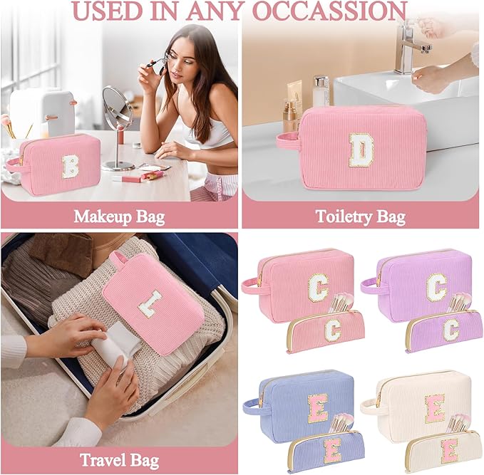 Sernaxi Personalized Initial Makeup Bag Trendy Stuff Corduroy Cosmetic Bag Travel Toiletry Bag, Valentine’s Day Gift Makeup Organizer Case & Makeup Pouch for Women teen Girls Mom Girlfriend Wife