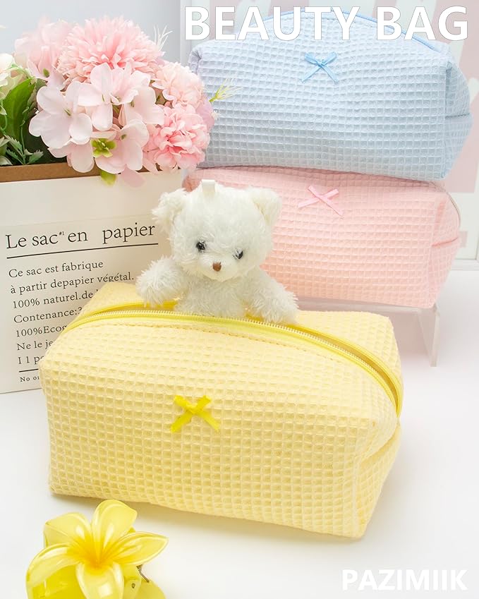 Cozy Makeup Bag for Women,Zipper Cosmetic Pouch,Waffle Yellow,2 Pack