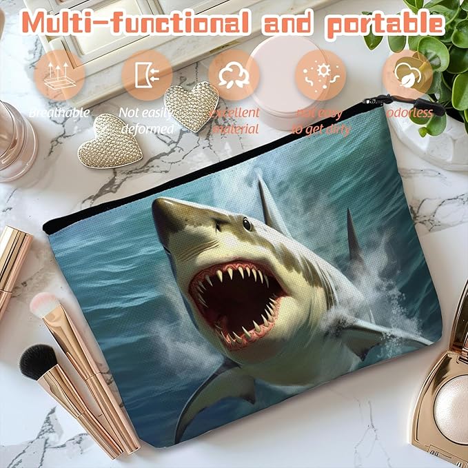 Scribesense Cosmetic Bags Travel Makeup Toilet Case Waterproof Pouch for Women Girls 6.7X9.45inches - Close - Up of A Great White Shark With Open Mouth