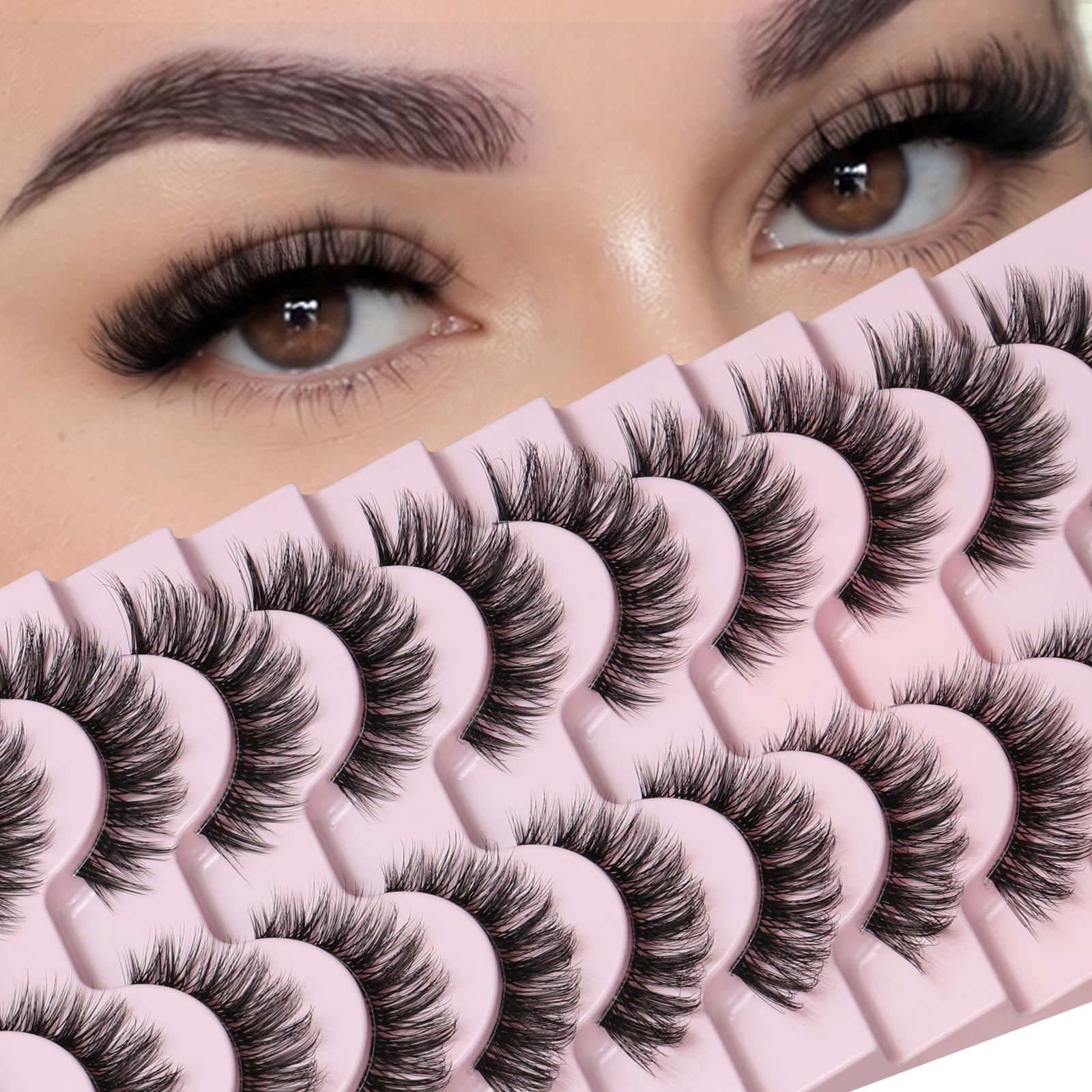 FARRED Natural False Eyelashes Cat Eye Lashes Strips Invisible Band Fake Mink Strip Lash Wispy Thin Clear Band Cateye Eye Lash Pack Full Volume Medium Length 8-14 mm Short Wispies Pestañas Postizas