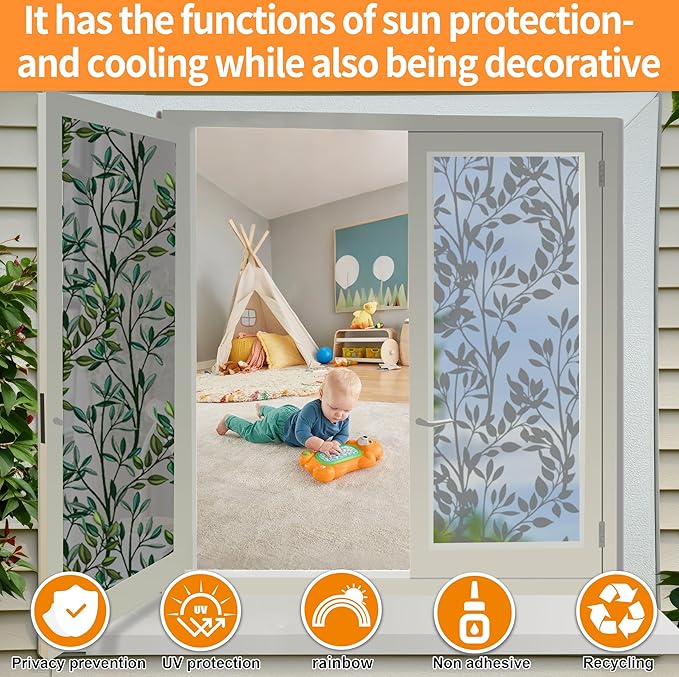 One Way Privacy Film, Window Tint for Home,Daytime Reflective, Anti UV Static Cling Sliding Door Coverings No Glue Garage Solar Paper (Black - Silver-Leaves, 35.4X 78.7 in)