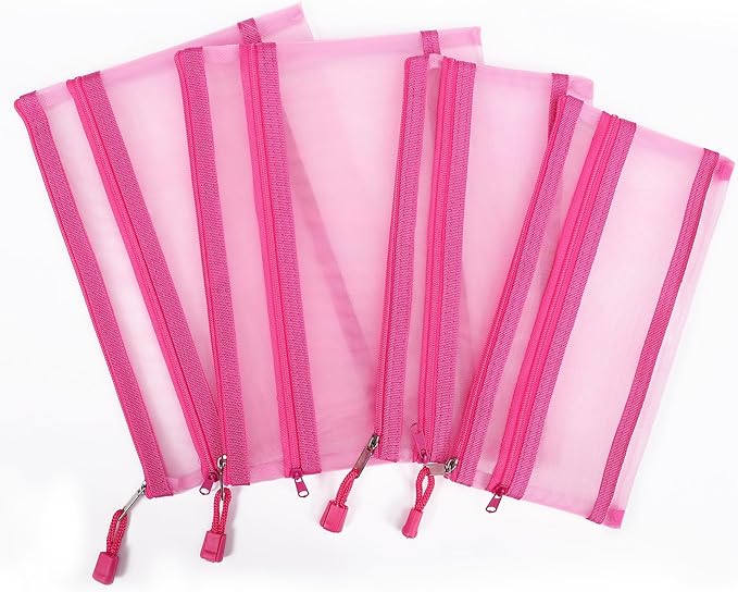 Sinzip 12 Pieces Zipper Nylon Mesh Pouch, Mesh Cosmetic Bags Makeup Bags Pencil Case, Multipurpose Travel Bags for Cosmetic School Office Supplies and Travel Accessories (2 Layers-Pink, A5)