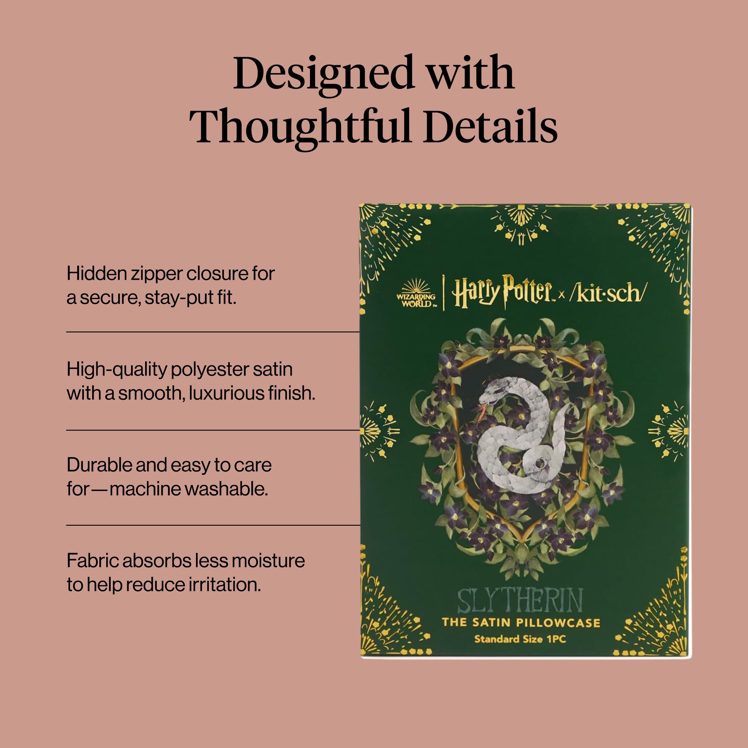 Kitsch & Harry Potter Satin Pillowcase W/Zipper - Size 19x26, Slytherin