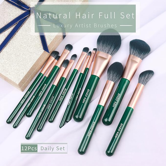 ENZO KEN Natural Fiber & Goat Hair Makeup Brush Set Professional, Combined Hair Makeup Brushes Set with Case, Green Cosmetic Brushes Makeup Set, Natural Makeup Brushes, Natural Bristle Makeup Brushes.