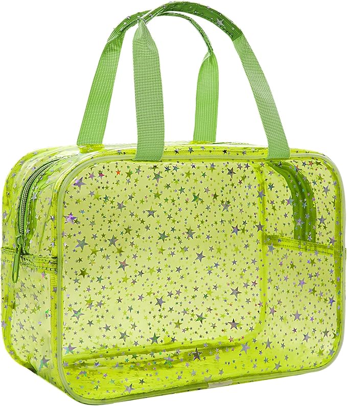 Junesters Large Clear Makeup Bag 12x5x8 Green Star Pattern - Waterproof PVC Travel Cosmetic Organizer with Handle, Durable Transparent Toiletry Case for Women Girls Travel Gym Beach Storage