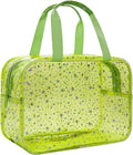 Junesters Large Clear Makeup Bag 12x5x8 Green Star Pattern - Waterproof PVC Travel Cosmetic Organizer with Handle, Durable Transparent Toiletry Case for Women Girls Travel Gym Beach Storage