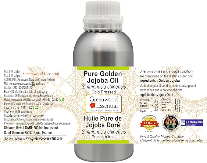 Greenwood Essential Pure Golden Jojoba Oil (Simmondsia chinensis) with Glass Dropper Cold Pressed 50ml (1.69 oz)