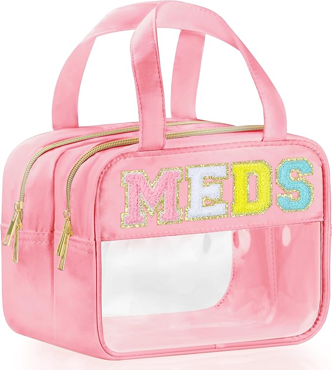 BuyCard Chenille Letter Clear Medicine Makeup Bag for Travel, Preppy Patch Nylon Cosmetic Meds Pouch with Handles and Zipper, Waterproof Large Travel Toiletry Bag Storage Case for Women Pink