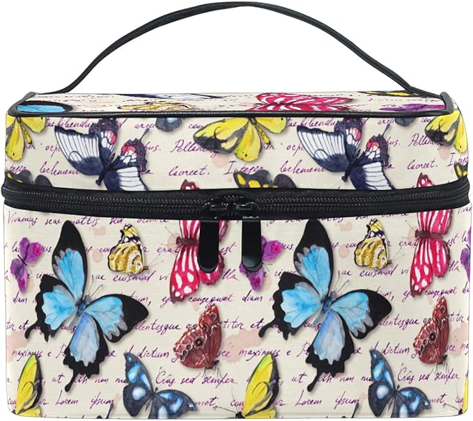 MNSRUU Makeup Bag, Vintage Butterfly Hand Written Text Travel Makeup Organizer Bag Cosmetic Cases Toiletry Bags for Girl Women Ladies