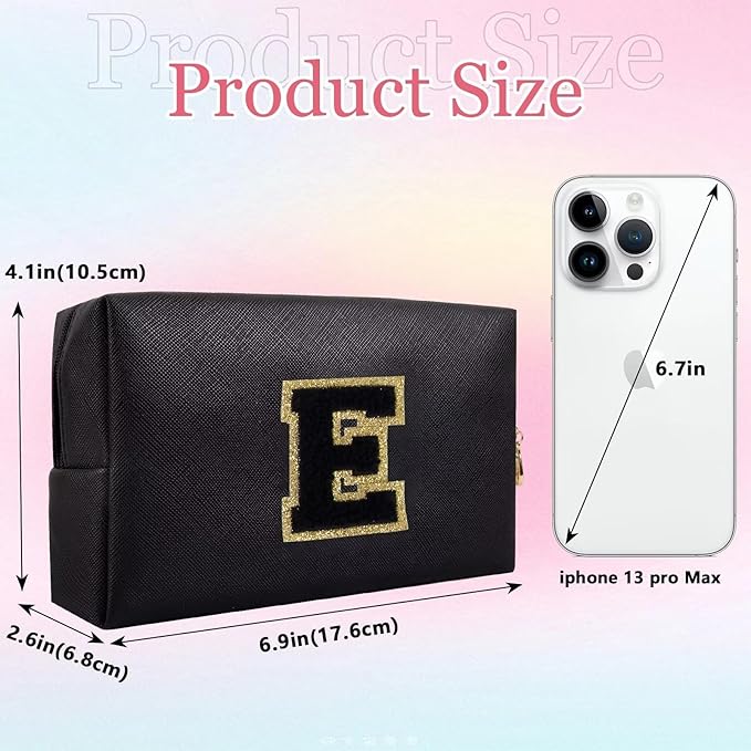 Small Personalized Letter Makeup Bag, Cute PU Leather Chenille Letters Cosmetic Bag Travel Makeup Pouch, Preppy Travel Organizer Zipper Pouch for Women&Girls（Black-E）