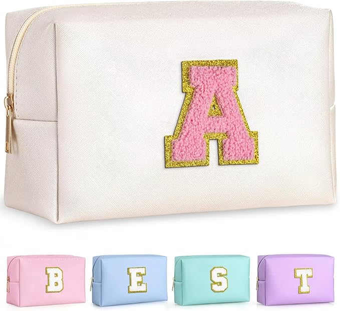 TOPEAST Initial Makeup Bag, Birthday Gifts for Women Girls, White A
