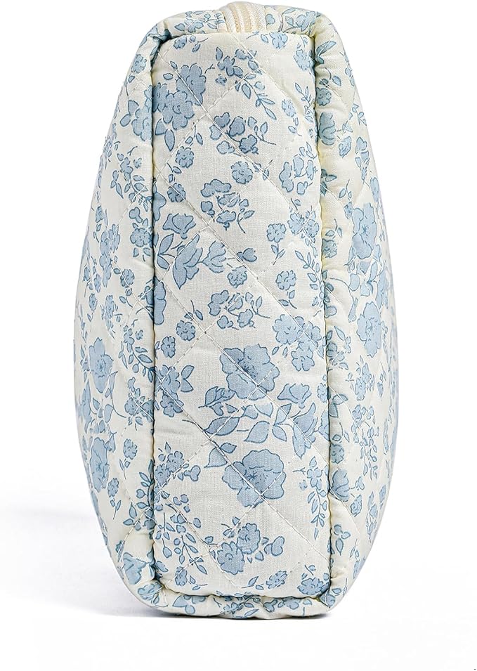 HHQQWZ Makeup Bag Travel Cosmetic Bag for Women Girls, Zipper Make Up Pouch, Floral Flowers Toiletry Organizer Makeup, Portable Storage Cosmetic Travel Cloth Bag (L/Blue Floral)