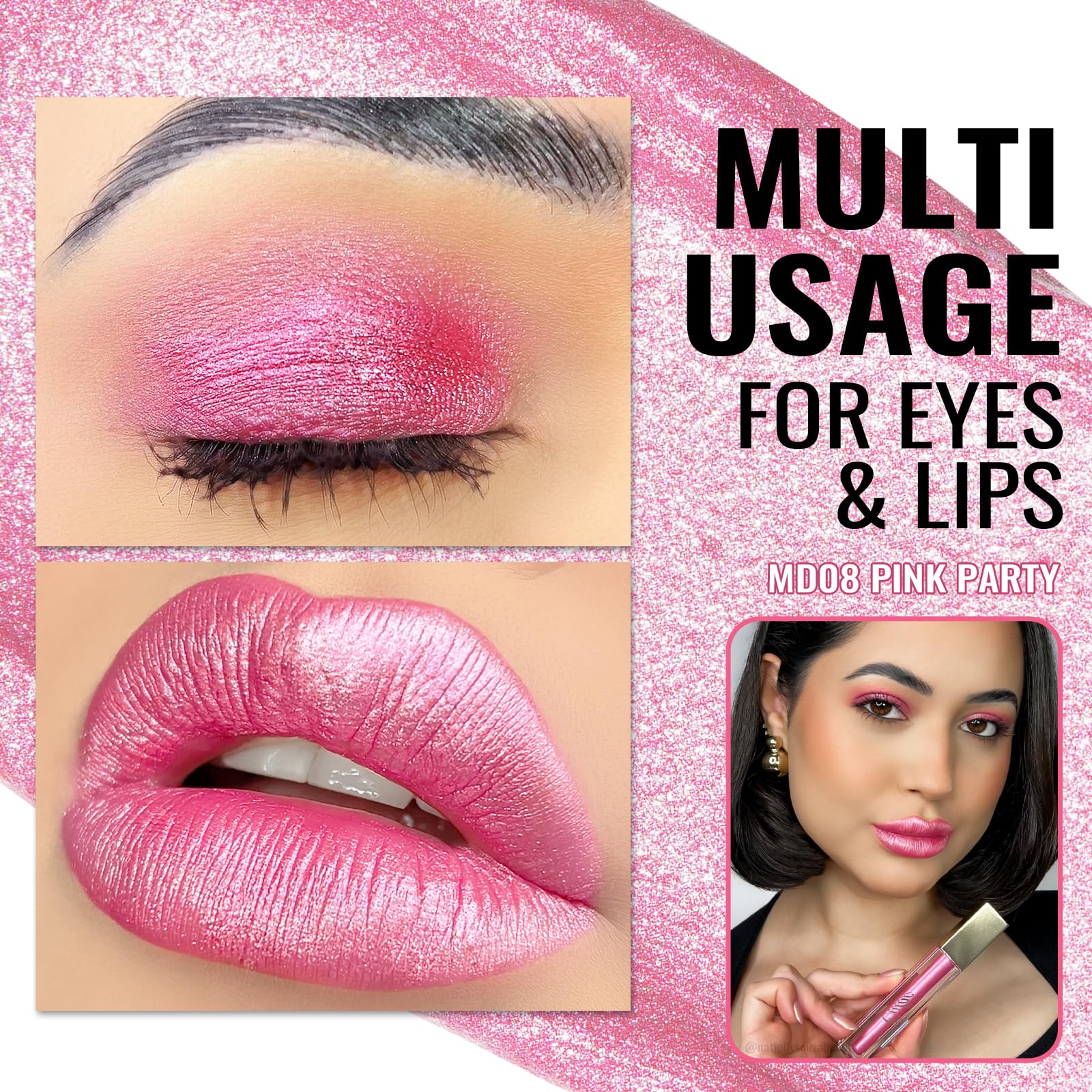 Oulac Pink Metallic Lipstick for Women, Long Lasting Lip Gloss Waterproof, Lips & Eye 2 IN 1 Lip Makeup, High Impact Lip Color, 3D Metallic Finish, No Transfer, Vegan MD08