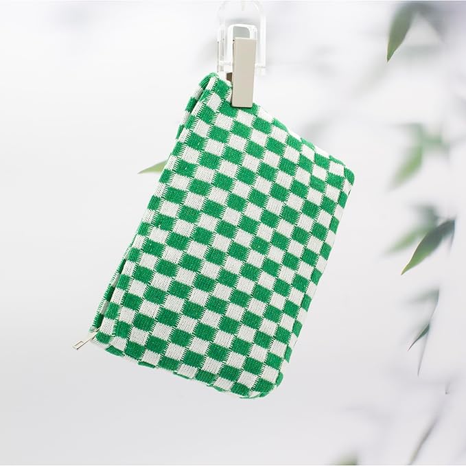 PAZIMIIK Checkered Makeup Bag for Purse, Small Flat Cosmetic Pouch,Green