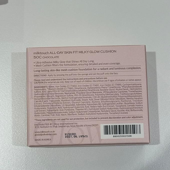 milktouch Cushion Foundation, 24H Flawless Skin, Radiant Shine, No Oxidation, Long-Lasting, Non-Creasing, 60% Hydrating Skincare Infused Korean (50C Chocolate)