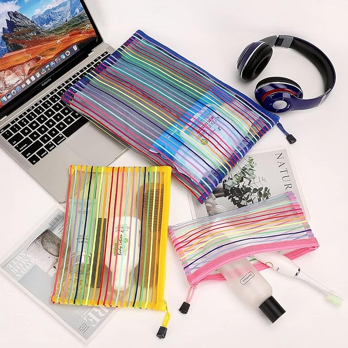 Sinzip 12 Pieces Zipper Nylon Mesh Pouch, Mesh Cosmetic Bags Makeup Bags Pencil Case, Multipurpose Travel Bags for Cosmetic School Office Supplies and Travel Accessories (Multicolor A, Assorted Sizes)