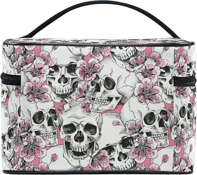 MNSRUU Makeup Bag, Halloween Skull Flowers And Pink Cherries Travel Makeup Organizer Bag Cosmetic Cases Toiletry Bags for Girl Women Ladies