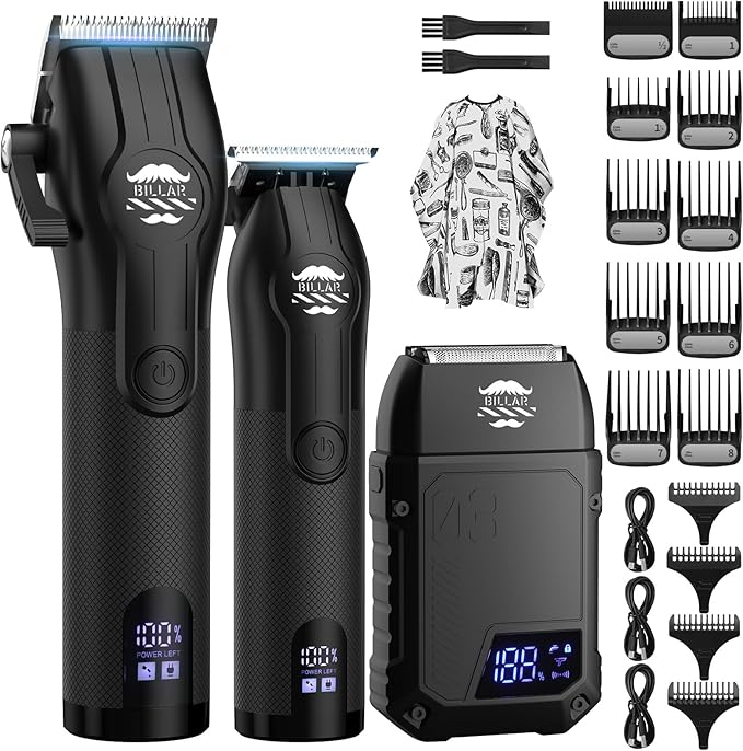 BILLAR® Cordless Barber Kit, Professional Hair Clipper Set with Trimmer and Foil Shaver, Rechargeable Haircut Grooming Tools for Men Barbers, Blackk