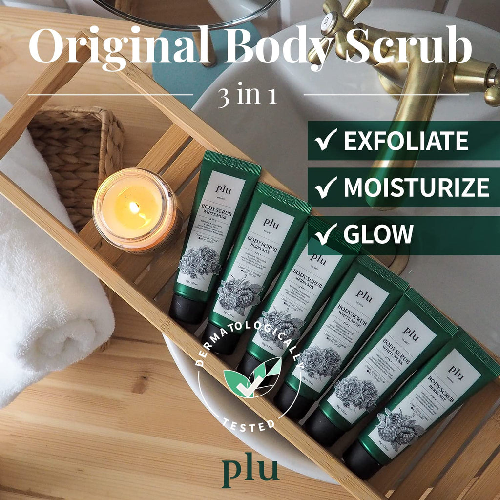 PLU Korean Original Walnut Body Scrub Polish - Berry Mix - Exfoliating, Hydrating & Smoothing for Radiant Skin Texture - Sweet Raspberry & Acai Berry Scent, 7.05 oz.