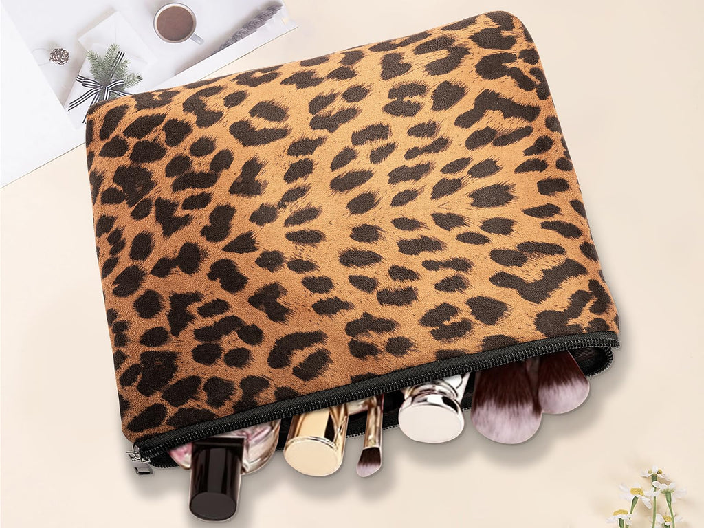 AGBIADD Makeup Bag For Women - Soft and Warm Material Cosmetic Bags Leopard Print Design Ladies Tote Bag,Women's Pencil Case Makeup Organizer with Zipper (Brown)