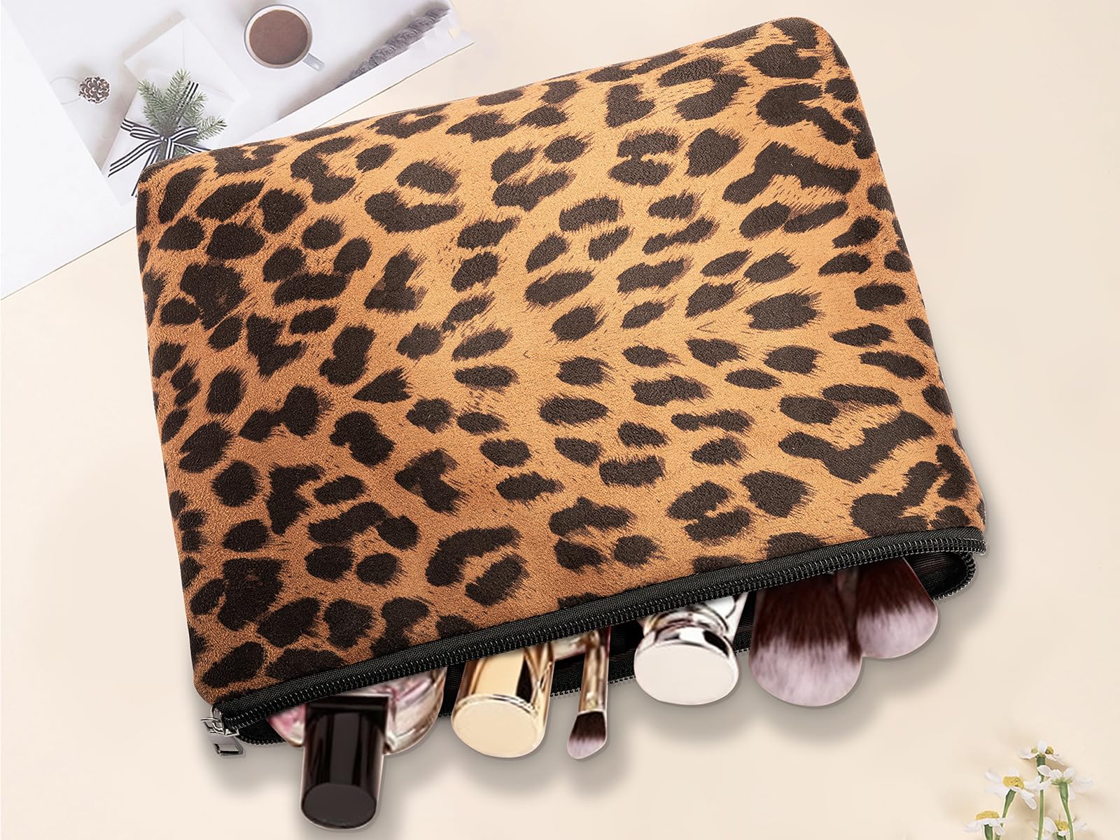 AGBIADD Makeup Bag For Women - Soft and Warm Material Cosmetic Bags Leopard Print Design Ladies Tote Bag,Women's Pencil Case Makeup Organizer with Zipper (Brown)
