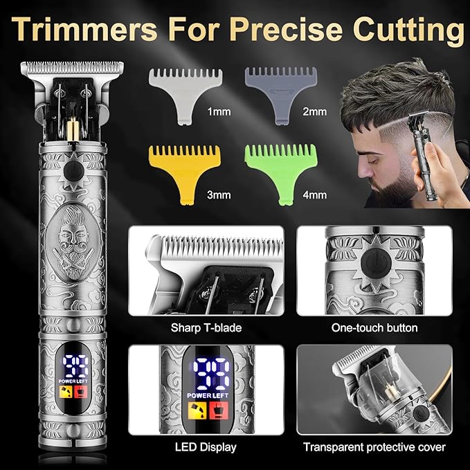 QREEYX Hair Clippers for Man T-Blade Trimmer Nose Hair Trimmer Electric Shaver Set, Professional 4 in 1 Barber Clippers Set for Haircut, Men’s Grooming Kit with LCD Display, Ideal Gift for Him