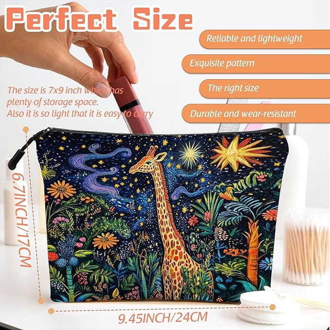 Scribesense Cosmetic Bags Travel Makeup Toilet Case Waterproof Pouch for Women Girls 6.7X9.45inches - Giraffe in A Starry Jungle in A Colorful Illustration