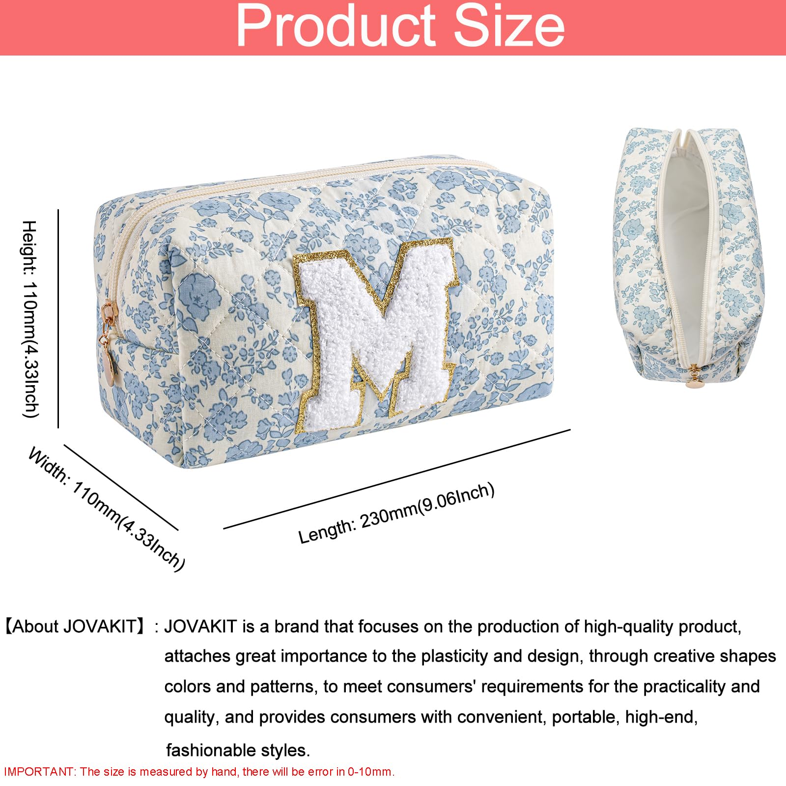 JOVAKIT Makeup Bag Cosmetic Bags for Women, Christmas Gifts for Girls Age 6-18, Alphabet Pink Floral Coquette Zipper Travel Makeup Pouch, Organizer Case Trendy Stuff (Pink+ Blue M)