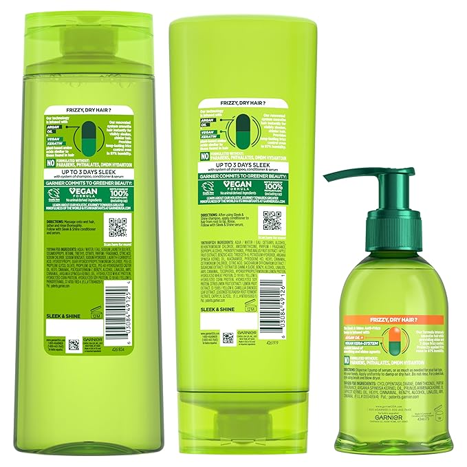 Garnier Fructis Sleek & Shine Shampoo and Conditioner Set with Anti-Frizz Serum for Frizzy Hair, Up to 72H of Frizz Control, Smooths Flyaways & Boosts Shine, 3 Items 29.6 Fl Oz (Packaging May Vary)