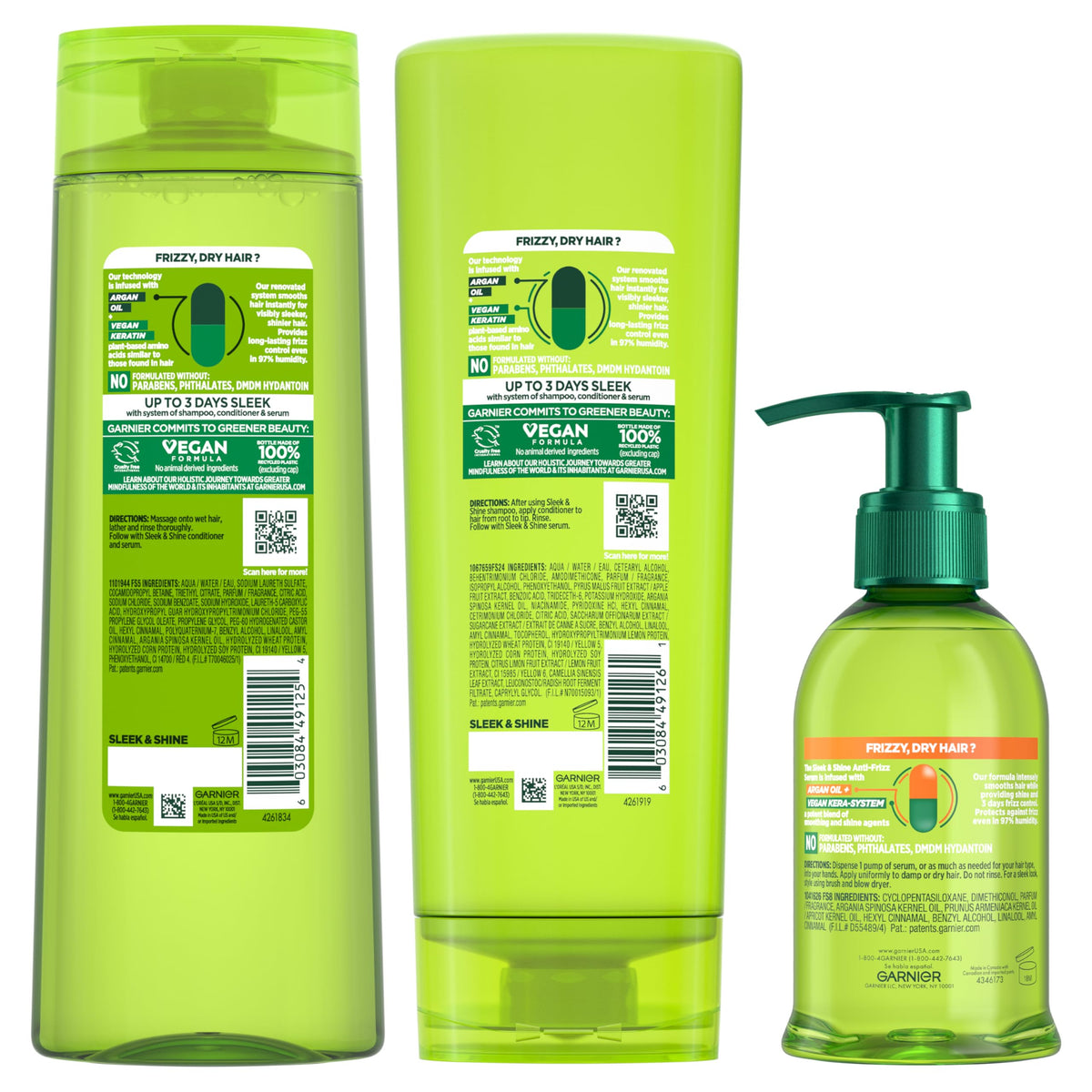 Garnier Fructis Sleek & Shine Shampoo and Conditioner Set with Anti-Frizz Serum for Frizzy Hair, Up to 72H of Frizz Control, Smooths Flyaways & Boosts Shine, 3 Items 29.6 Fl Oz (Packaging May Vary)