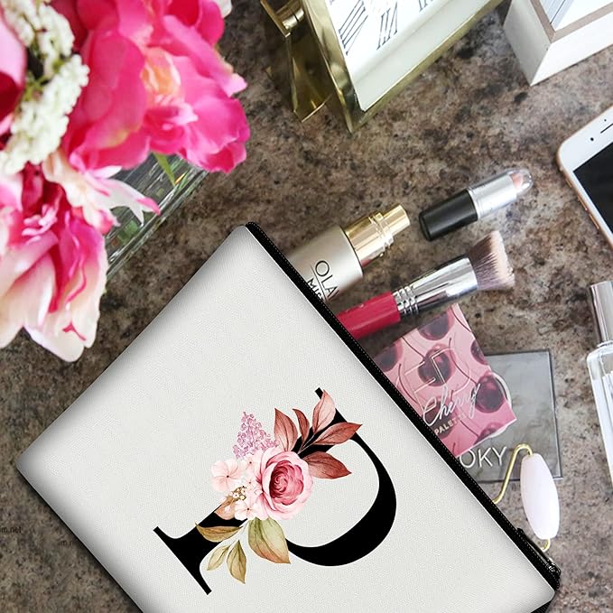 Vavabox A-Z Personalized Makeup Bag, Birthday Gifts for Women Mom, Gifts for Best Friend, Bride Bridesmaid Cosmetic bag (P, 01-White)