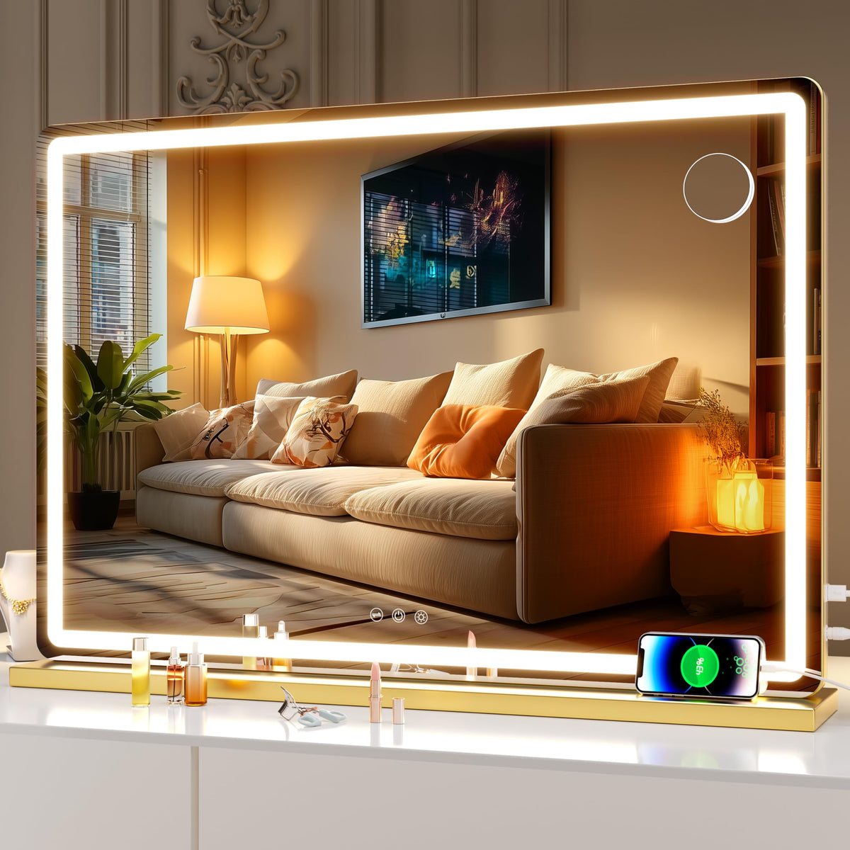 Hasipu Vanity Mirror with Lights, 27.6" x 20" LED Makeup Mirror, Lighted Makeup Mirror with Dimmable 3 Modes, Touch Screen Control Vanity Mirror Round Gold