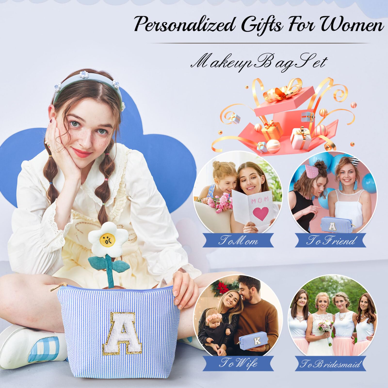 YOOLIFE Teen Girl Gifts Trendy Stuff | Makeup Bag | Cosmetic Bag | Makeup Pouch Teen Girl Gifts Trendy Stuff | Birthday Gift | Birthday Gift for Women Girls | Blue Initial J