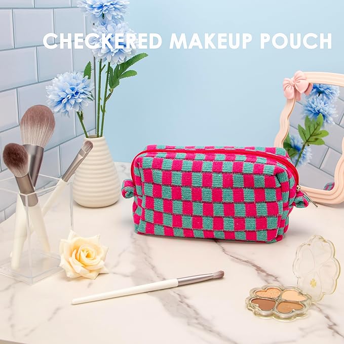 Checkered Makeup Bag for Purse, Small Travel Cosmetic Pouch,Magenta Green