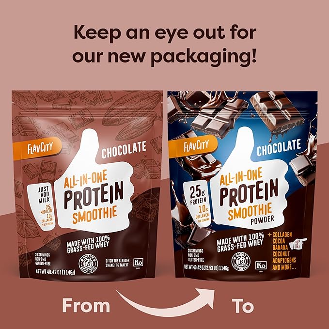 FlavCity Chocolate All in One Protein Shake Powder - On the Go Meal Alternative + Collagen Peptides, Reishi & Cordyceps - Focus, Skin, Hair & Joint Support - 100% Grass Fed Whey, 20 Servings