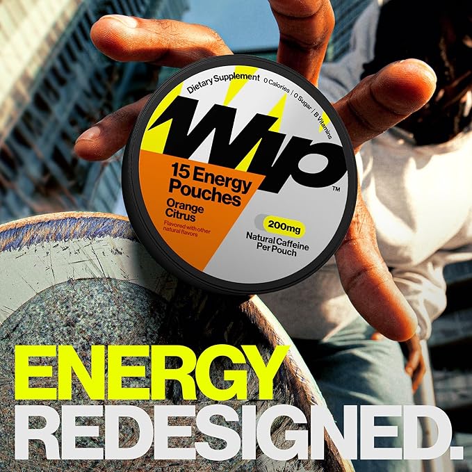 Wip Energy Pouches, Sugar Free Blend with 200 MG Natural Caffeine, B Vitamins, Minerals & L Theanine for Energy Support, Pre Workout for Active Lifestyles, Natural Orange Citrus, 1 Can, 15 Pouches