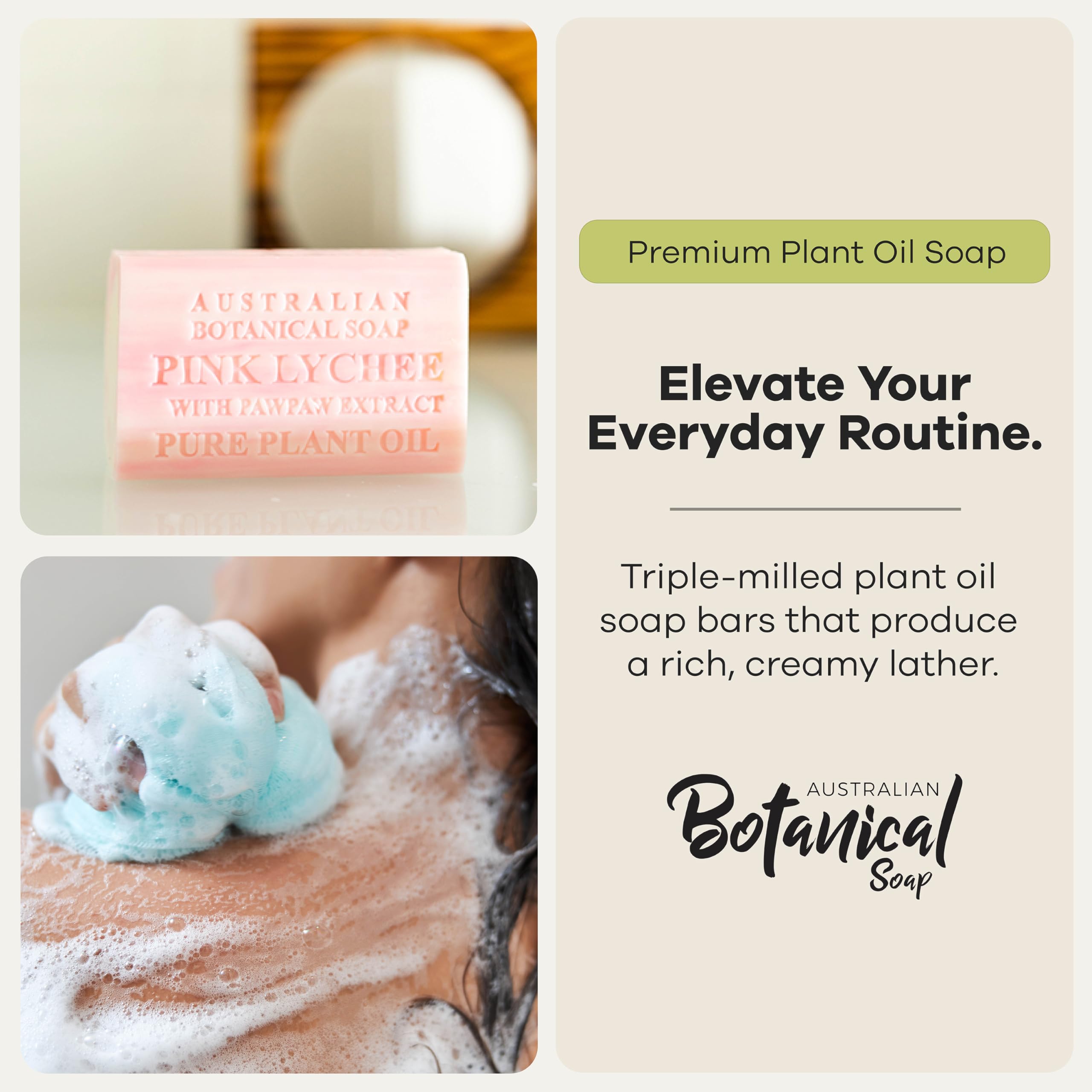 Australian Botanical Soap, 6.6 OZ, Pink Lychee and Pawpaw Extract, Triple Milled Bars made with a Natural Soap Base and Enriched with Organic Shea Butter, Pack of 8