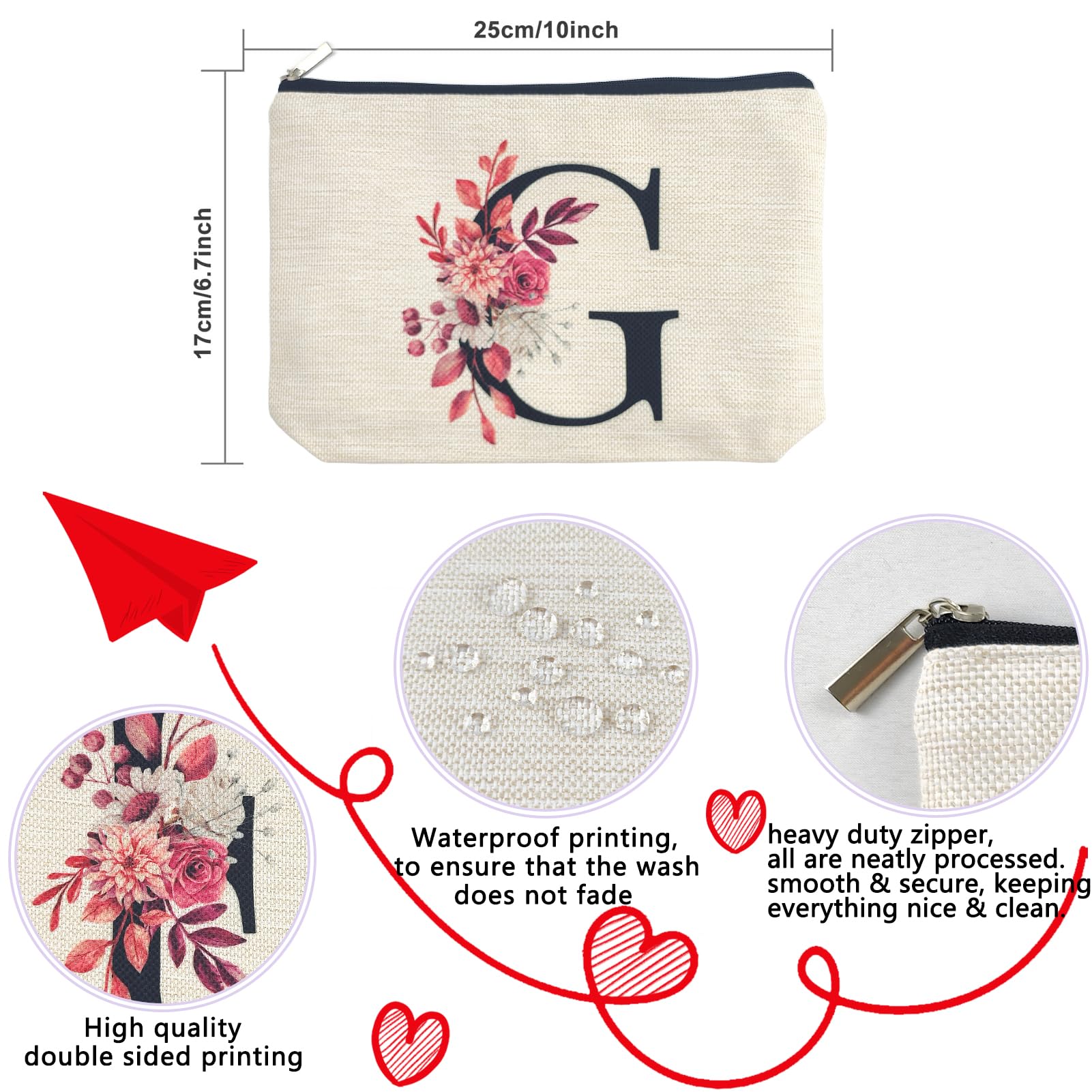 Initial A-Z Personalized Floral Makeup Bag, Monogrammed Birthday Gifts for Women Mom, Mothers Day Christmas Gift Ideas for Best Friend, Bride Bridesmaid, Her, Grandma, Small Travel Cosmetic Bag (G)