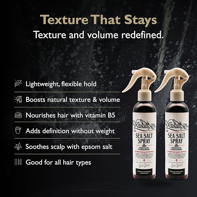 DandyMen Sea Salt Spray for Men – Texturizing & Volumizing Hair Spray for Beachy Waves, Matte Finish - Obsidian Cardamom, 2-pack