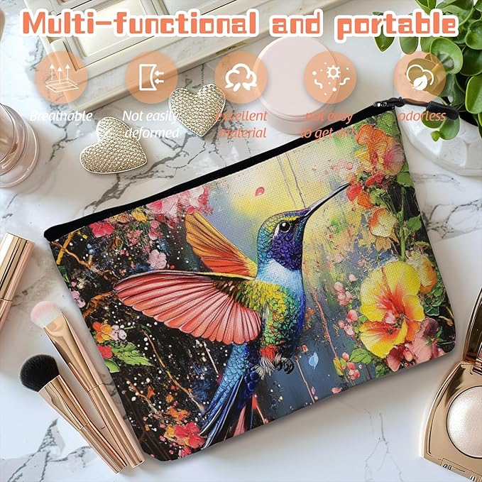 Scribesense Cosmetic Bags Travel Makeup Toilet Case Waterproof Pouch for Women Girls 6.7X9.45inches - Colorful Hummingbird in A Floral Flight